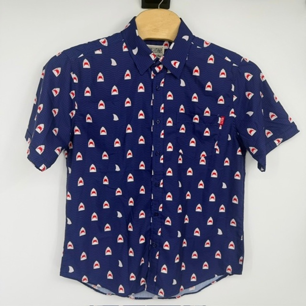 RSVLTS Men's Large Navy Blue Chomp Shark Kunuflex Short Sleeve Button Down Shirt